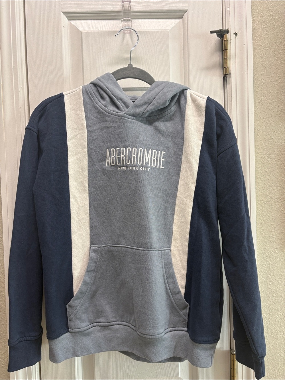 abercrombie kids navy, light blue & white colorblock pullover hoodie